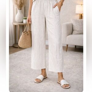 Eileen Fisher Organic Linen Cotton Striped Wide-Leg Pant White with brown stripe